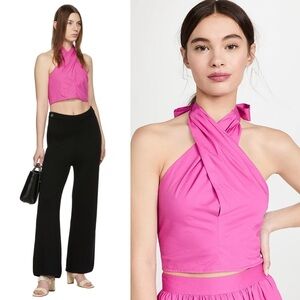 STAUD 70s Cotton Twist Front Open Back Halter Tie Neck Sleeveless Crop Top 0